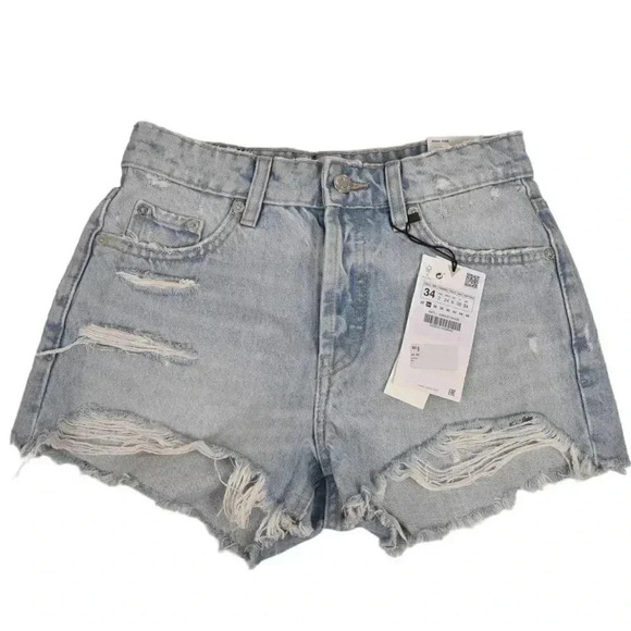 NWT Zara Light Wash Jean Shorts High Rise Distressed Button Fly Size 2 - Picture 1 of 11
